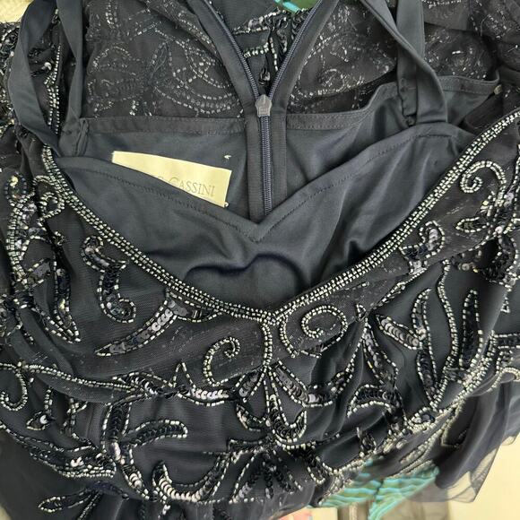 Oleg Cassini Allover Beaded Short Sleeve Midi Dress in Navy Blue Size 16 - Picture 12 of 15